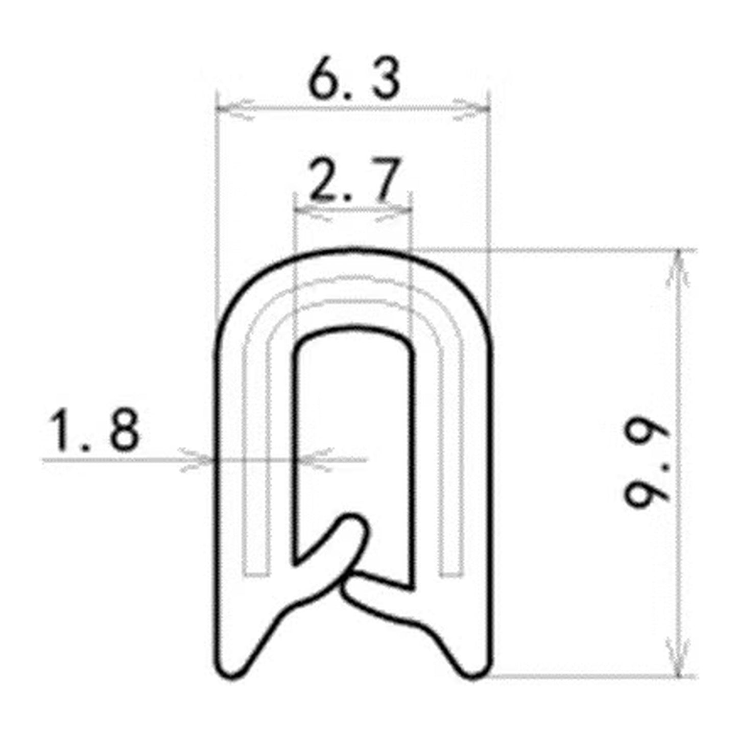 U-uralista, 2mm ura, 10mm korkeus